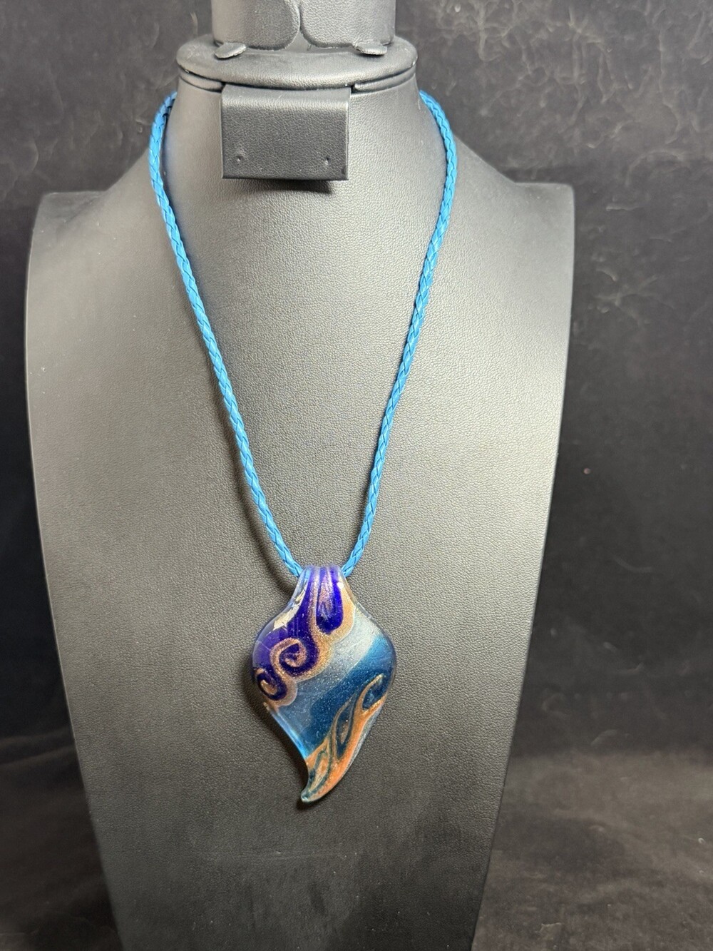 Hand Blown Murano Style Art Glass Wavy Leaf Pendant Necklace Turquoise Cobalt